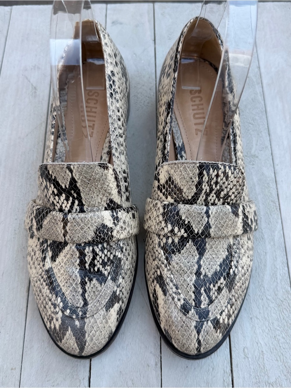 SCHUTZ Beige and Black Snake-Print Loafers - Picture 4 of 10